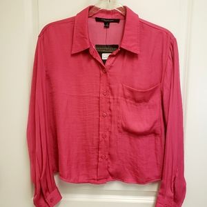 MARC NEW YORK Long Sleeve Satin Pink Button-Front Blouse—M